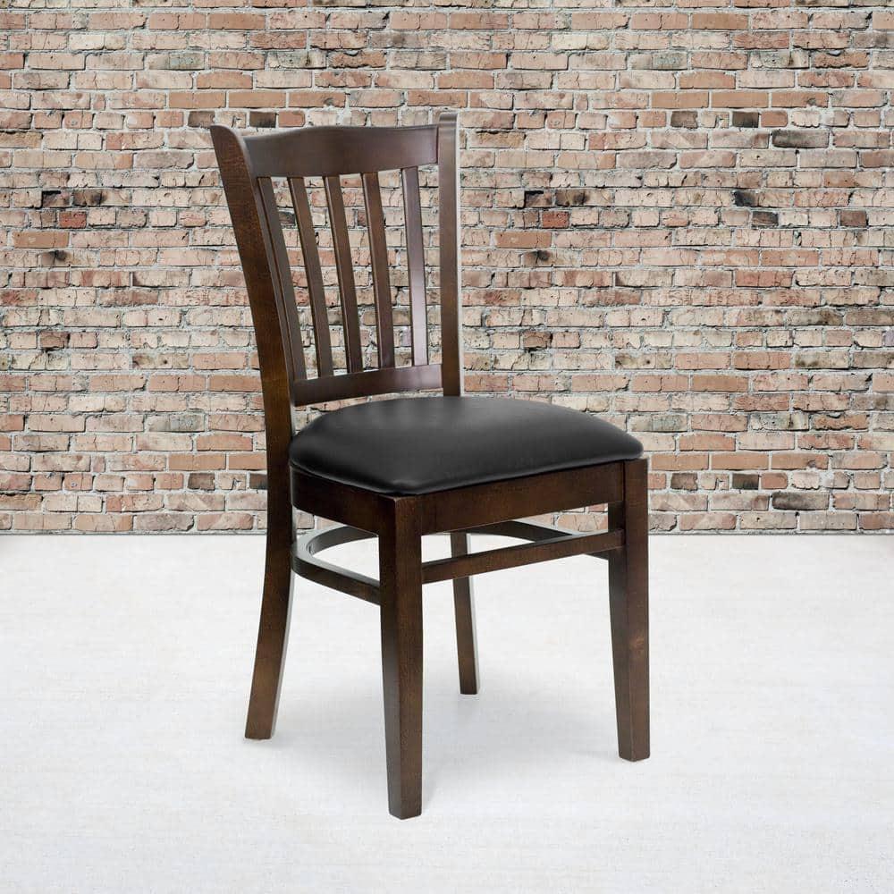 Flash Furniture HERCULES Series Vertical Slat Back Walnut Wood Restaurant Chair - Black Vinyl Seat