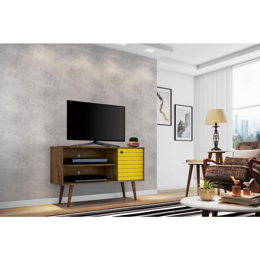 Liberty Mid Century Modern 2 Shelves and 1 Door TV Stand for TVs up to 46" Rustic Brown/Yellow - Manhattan Comfort