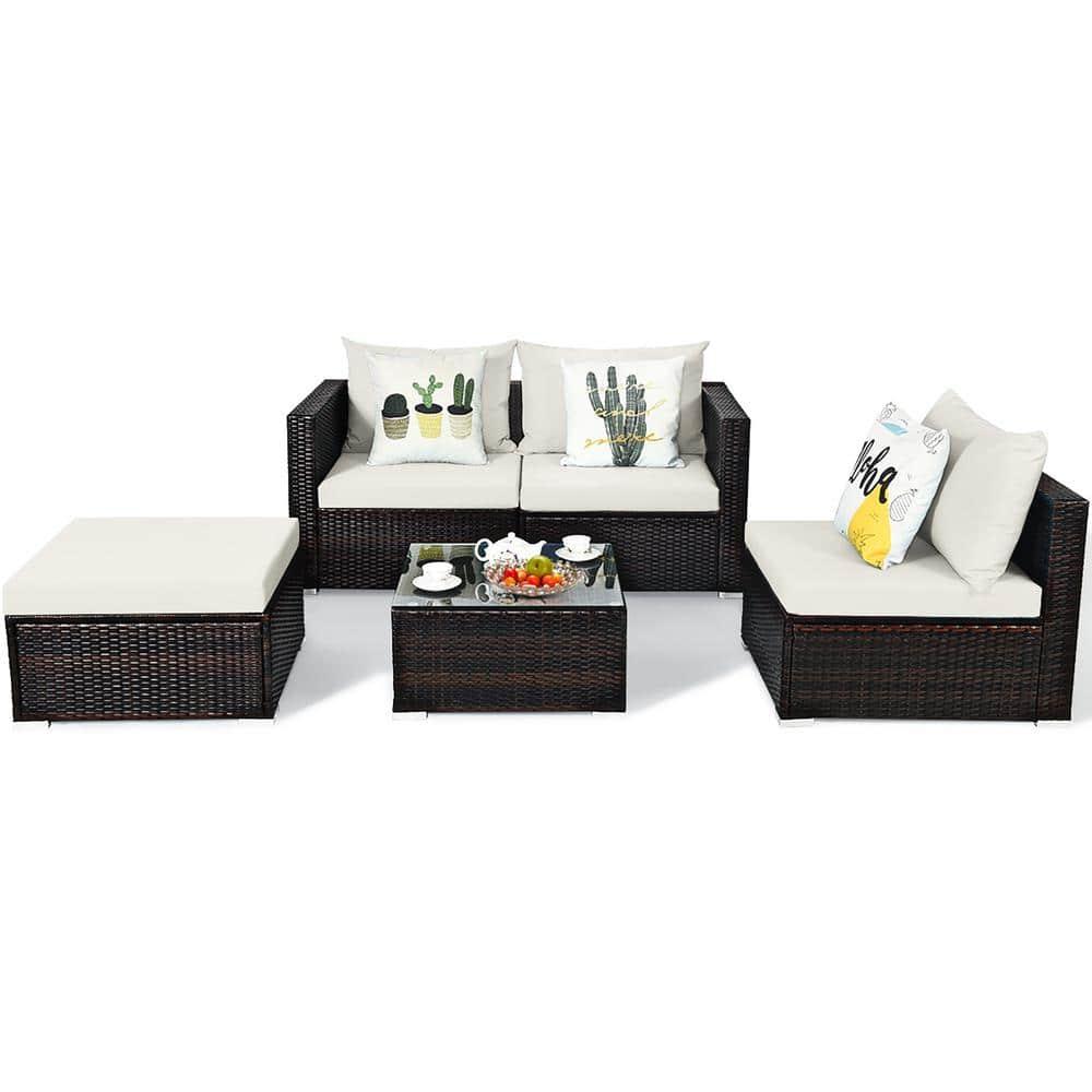 Topcobe 5 Pieces Patio Rattan Sectional Furniture Set with Cushions and Coffee Table, Outdoor Furniture, Off White