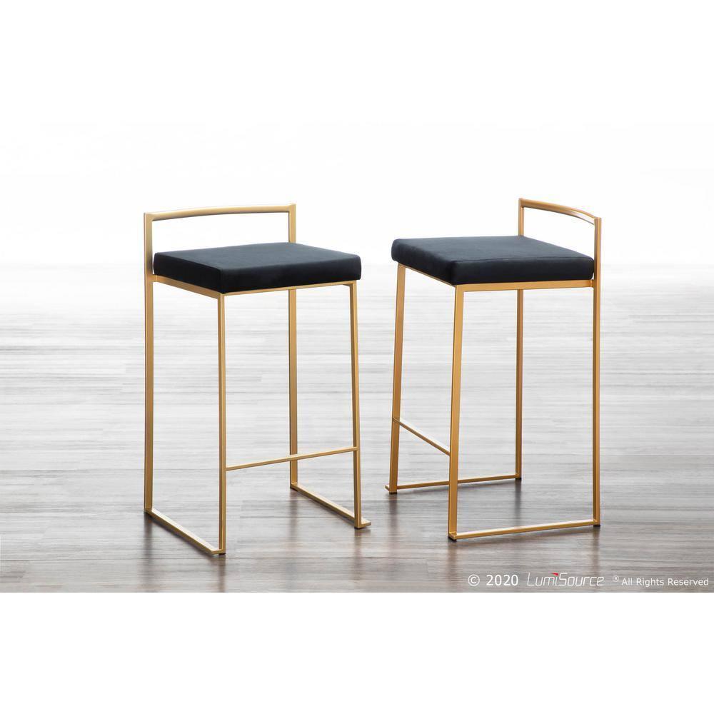 31" Set of 2 Fuji Contemporary Stackable Barstools Gold/Black Velvet - LumiSource: Metal Frame, Padded Seat