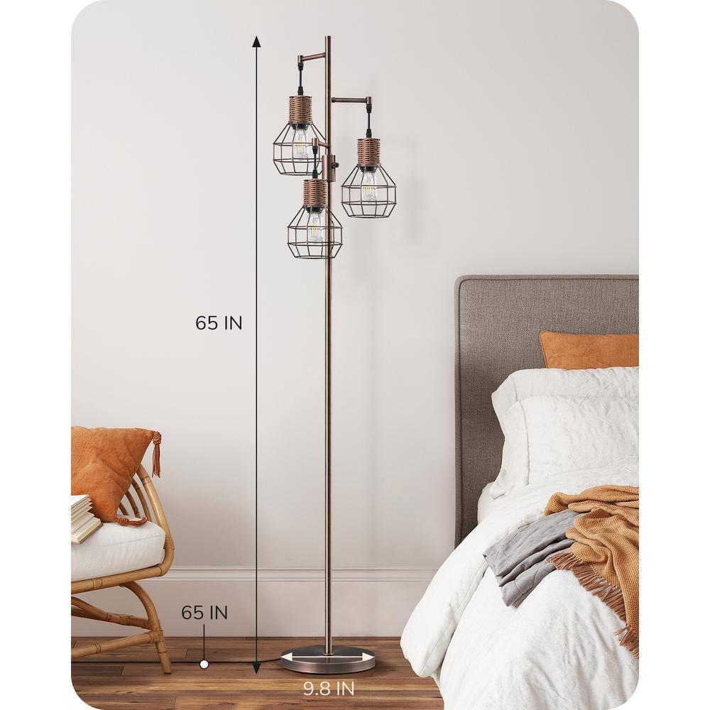 EDISHINE Dimmable Rustic Floor Lamp, Farmhouse Standing Lamp with 3 LED Edison Bulbs, Rattan Design Floor Lamps for Living Room, Bedroom, Reading Corner, Office, Electroplated Brushed Red Copper