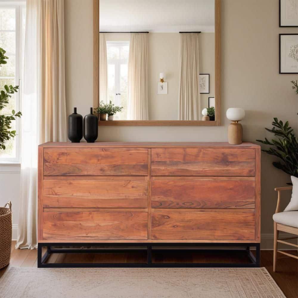 Birch Lane™ Pantai Modern Acacia Wood Dresser or Display Unit With Metal Base, Walnut Brown and Black