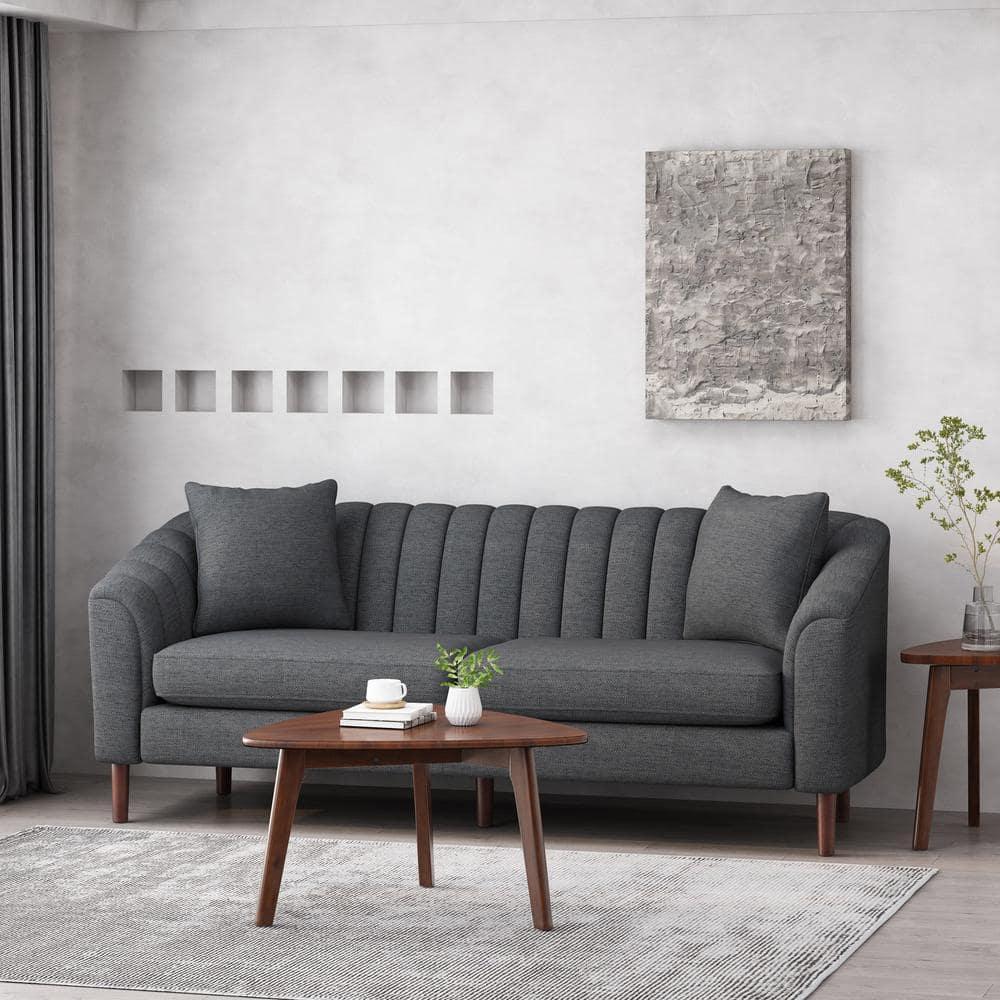 Noble House Currie Fabric Tufted 3 Seater Sofa, Charcoal, Dark Walnut