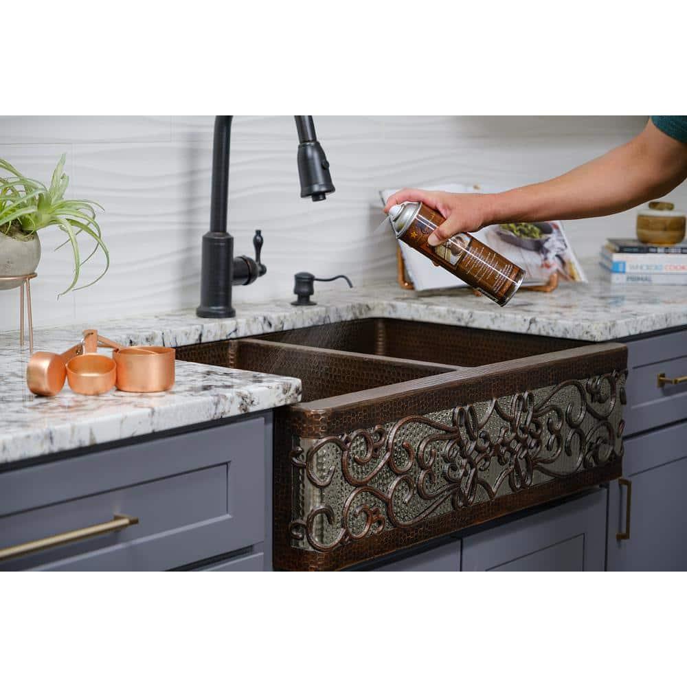 33" Hammered Copper Kitchen Apron Single Basin Sink w/ Fleur De Lis with Matching Drain and Accessories