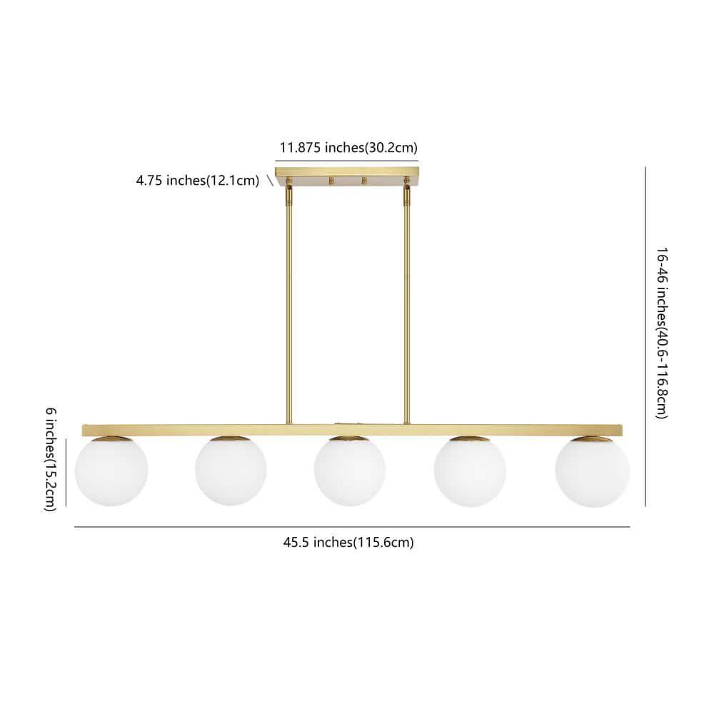 JONATHAN Y Luca Parisian 45.5" 5-Light Modern Glam Iron Globe Linear LED Pendant, Brass Gold/White