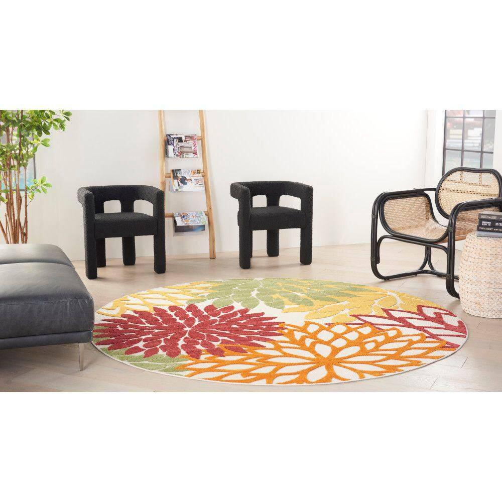 Nourison Aloha Floral Bloom Flatweave High-Low Indoor Outdoor Round Rug Red Multi Colored 5'3" x 5'3"