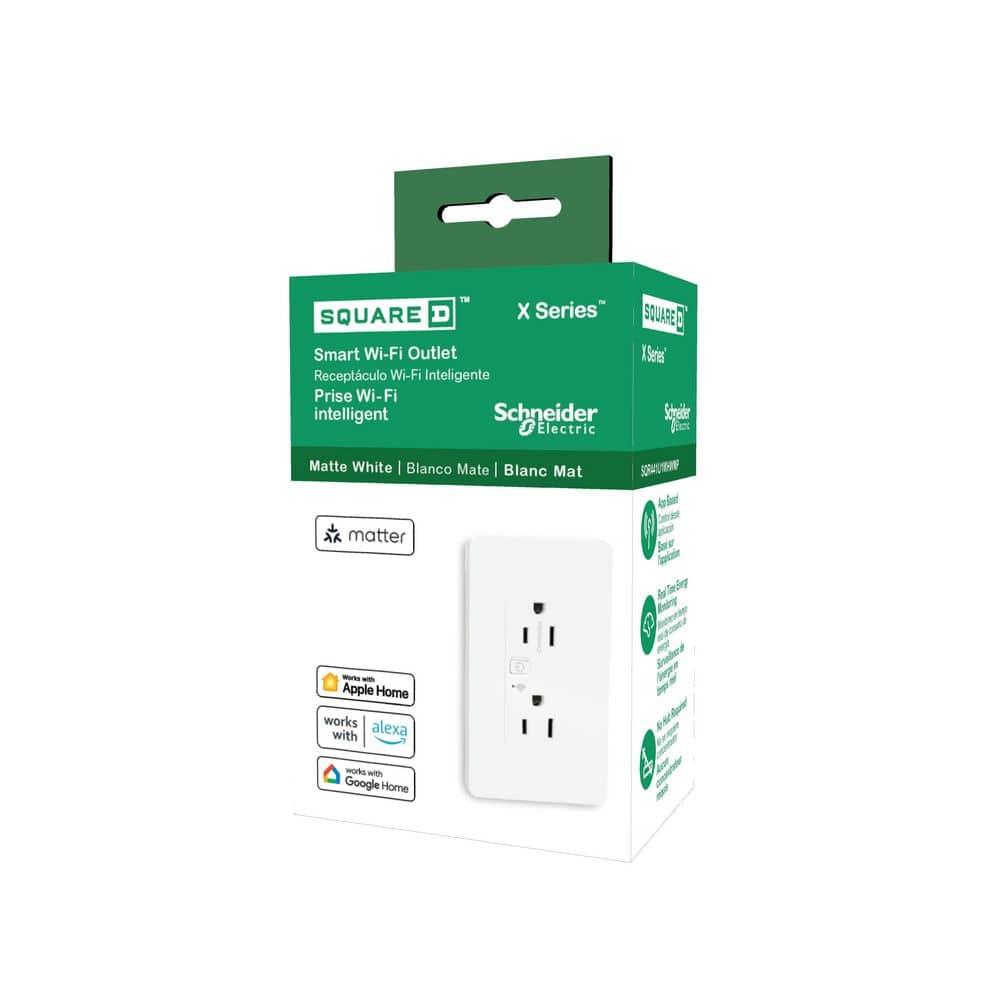 Square D by Schneider Electric X Series 15A 125V Wi-Fi Energy Monitoring Socket Outlet, Tamper Resistant, Needs Neutral Wire, Matter Certified, Compatible with Alexa, Google Home, Apple Home, White