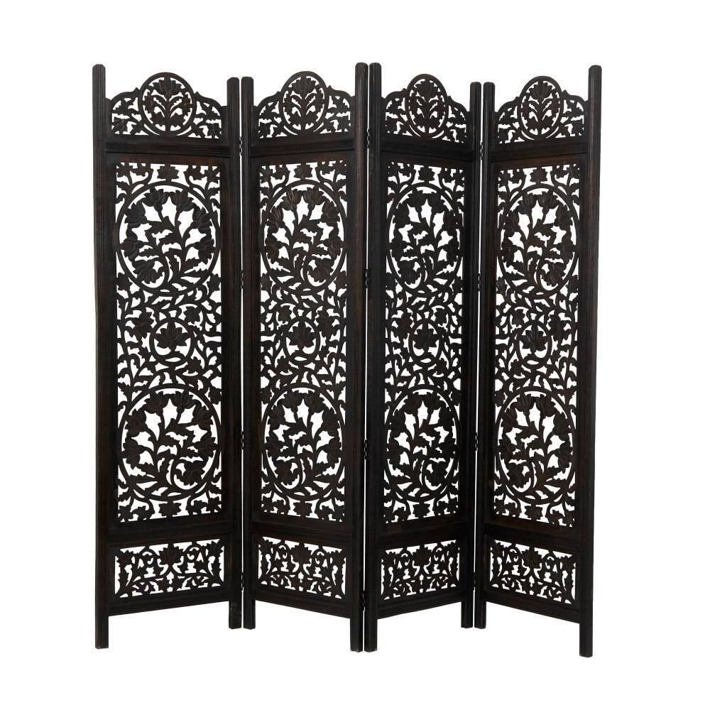 DecMode 80" x 72" Black Wood Floral Handmade Hinged Foldable Partition 4 Panel Room Divider Screen with Intricately Carved Designs, 1-Piece
