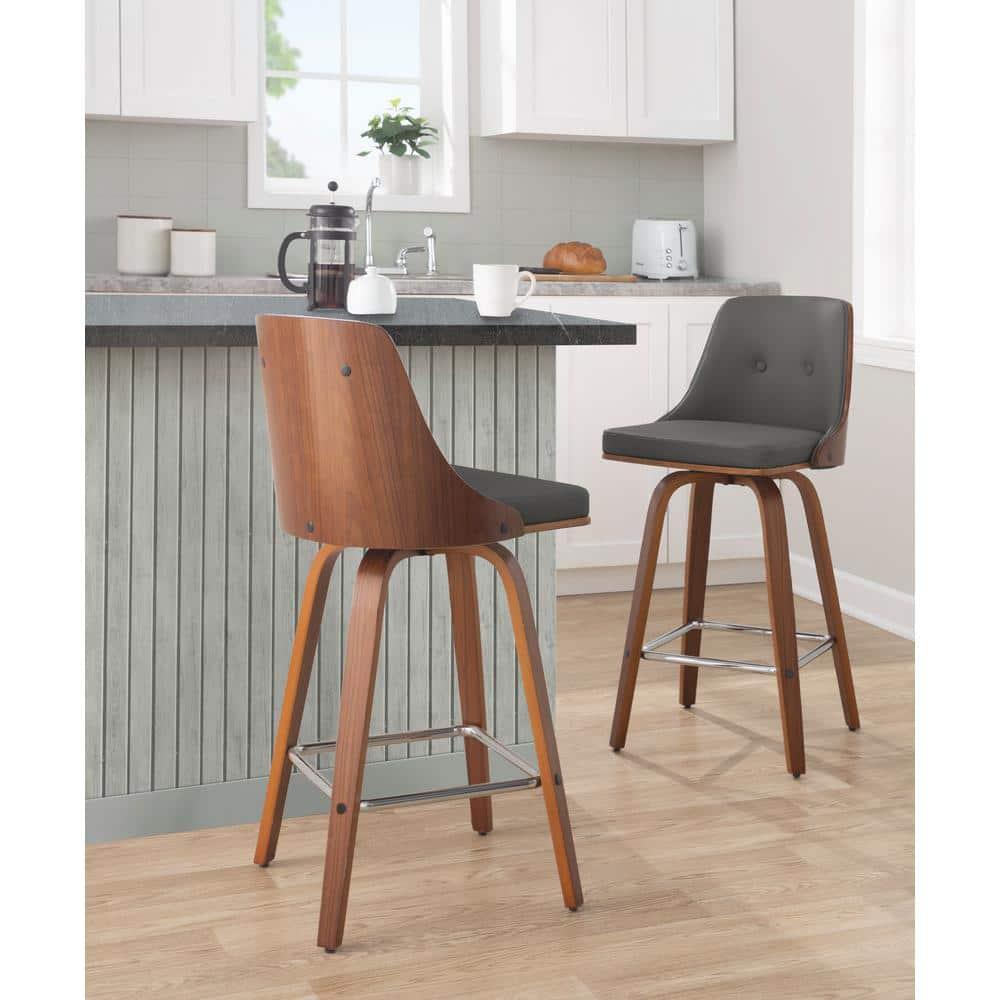 LumiSource Set of 2 Gianna Counter Height Barstools Walnut/Gray: Mid-Century Modern, Swivel, Faux Leather Upholstery
