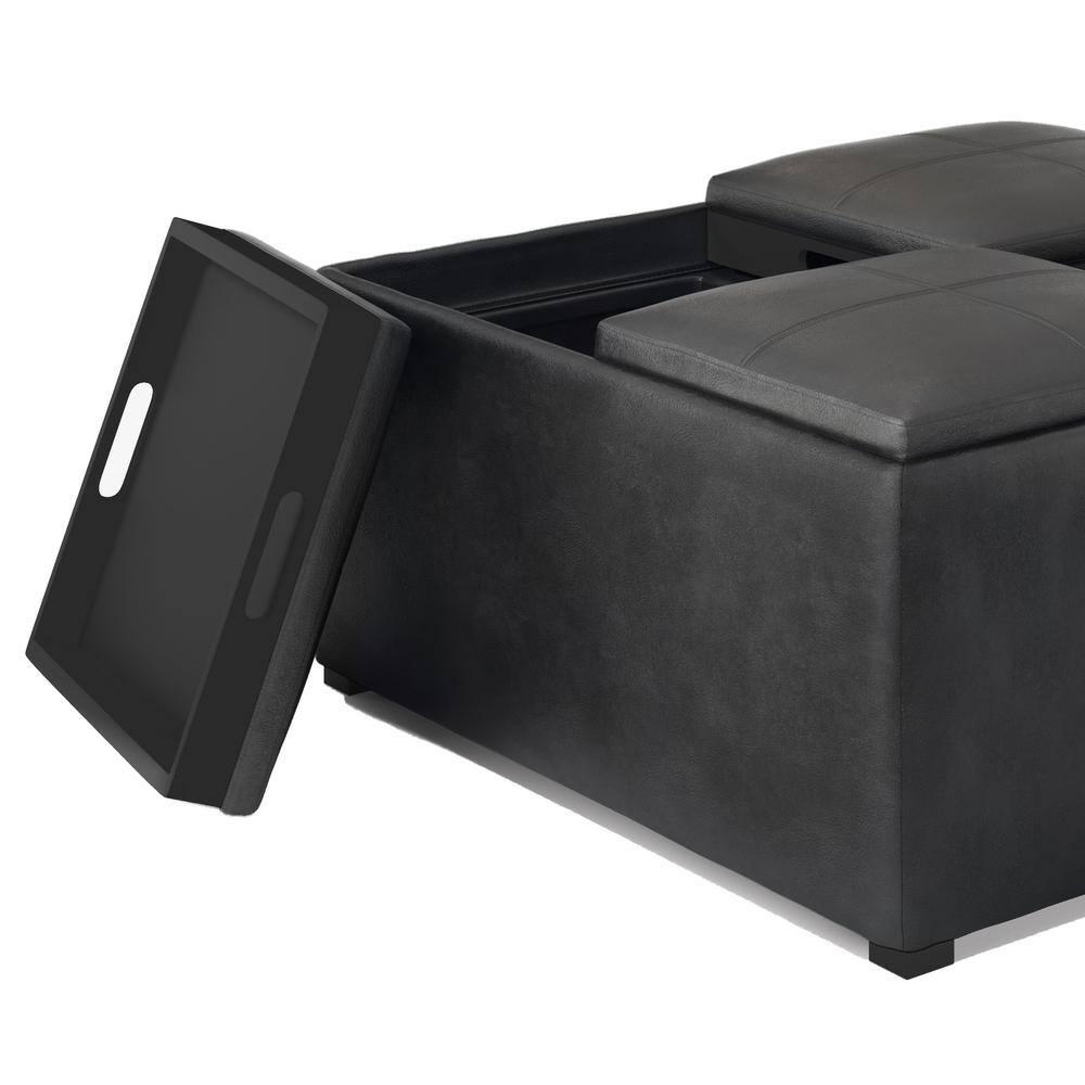 Simpli Home Avalon 35"W Upholstered Square Coffee Table Storage Ottoman with Flip-Over Trays