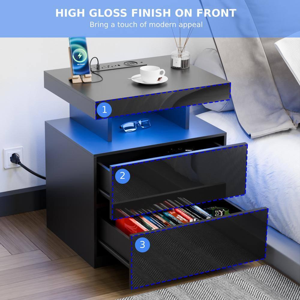 Black Nightstand with Wireless Charging Station and LED Lights, Bedside Table with 2 Drawers, Open Storage, 1 Pull-Out Tray, End Side Table with Storage