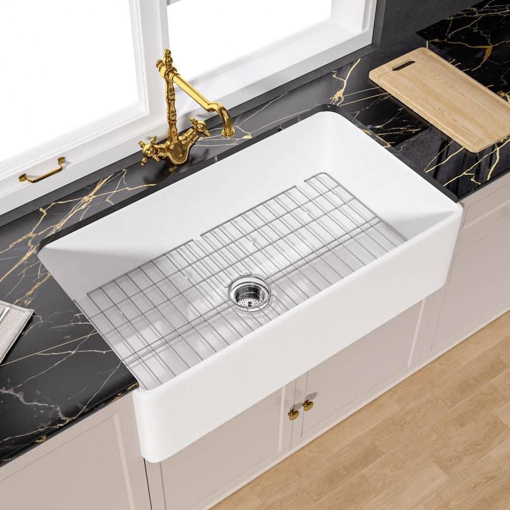 TUKTUK White Farmhouse Sink 36 inch Fireclay Farm Sink Apron Front Single Bowl Kitchen Sinks Deep Large Capacity Porcelain Ceramic Sink Undermount Luxury Bottom Grid & Strainer Drain Included