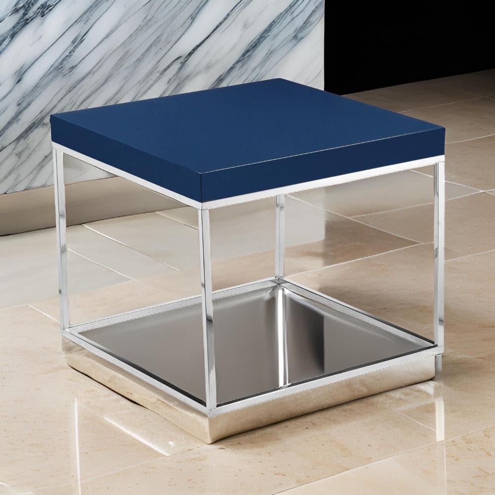 Benjara BM314959 Zen 24 in. Side End Table, Square, Polished Blue Top - Chrome Metal
