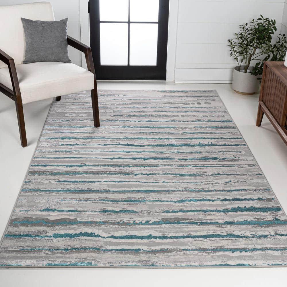 8'x10' Batten Modern Stripe Area Rug, Gray/Turquoise - JONATHAN Y