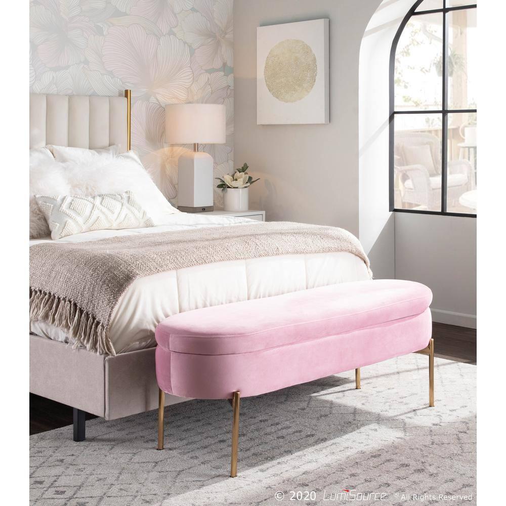 48" Chloe Contemporary Upholstered Storage Bench Gold/Blush Pink - LumiSource: Velvet, Flip-Top Lid, Metal Base
