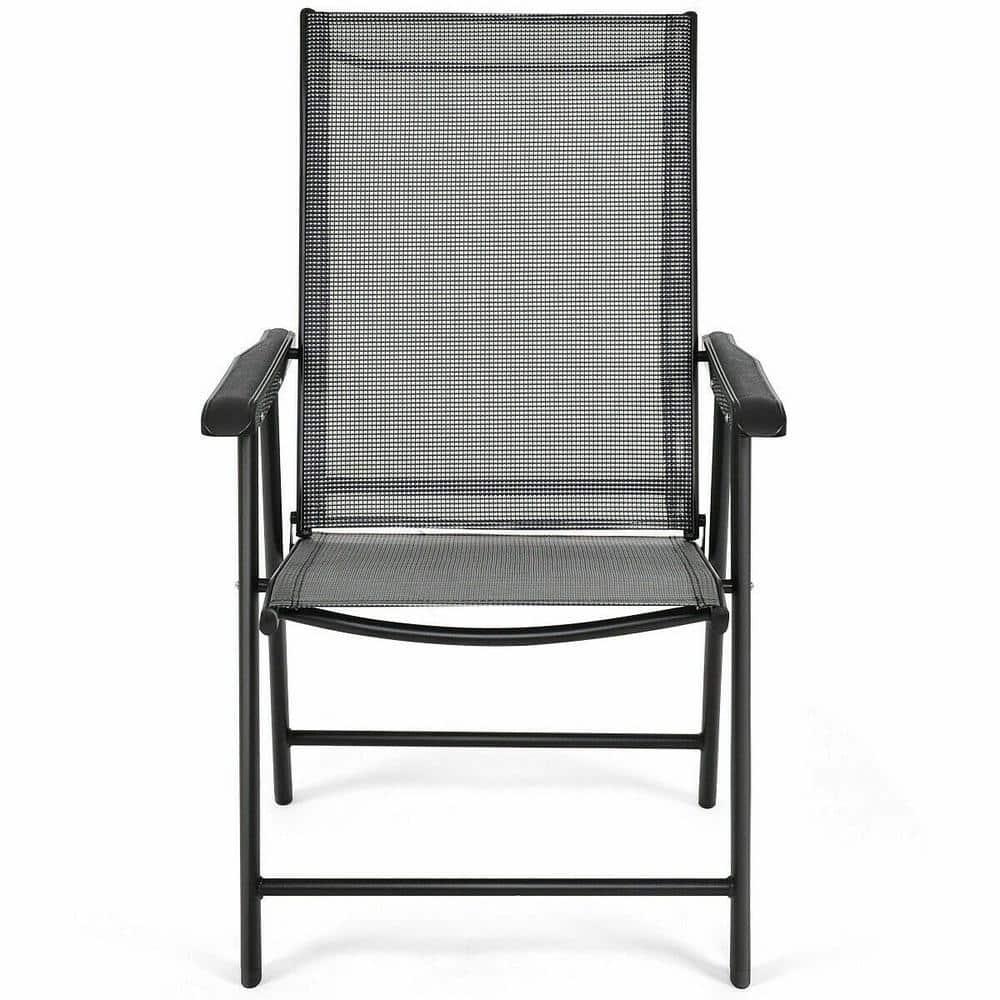 Gray and Black Steel Folding Patio Dining Chairs with Armrests, Set of 2