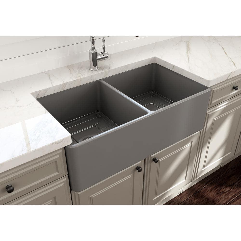 Matte Gray Fireclay Double Bowl Farmhouse Kitchen Sink