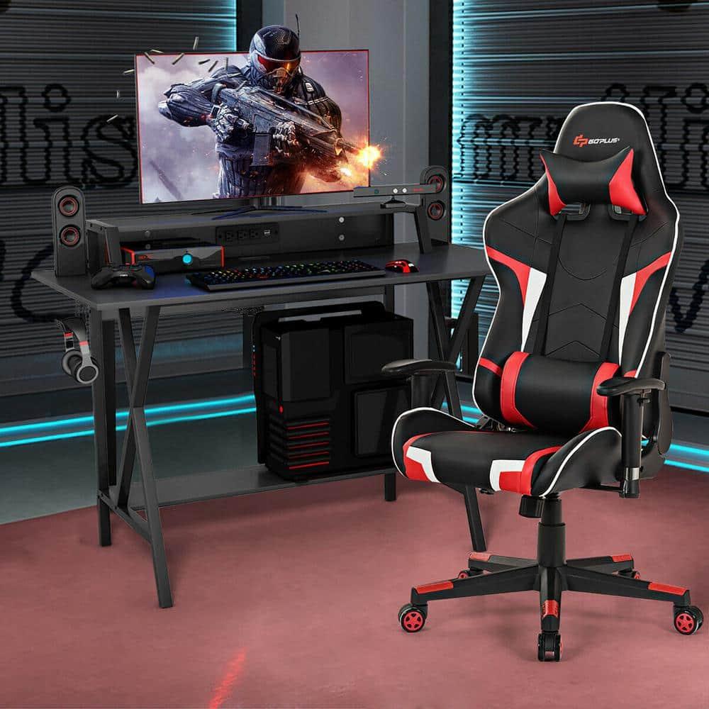 Goplus Gaming Computer Desk&Massage Gaming Chair Set w/Monitor Shelf Power Strip Red