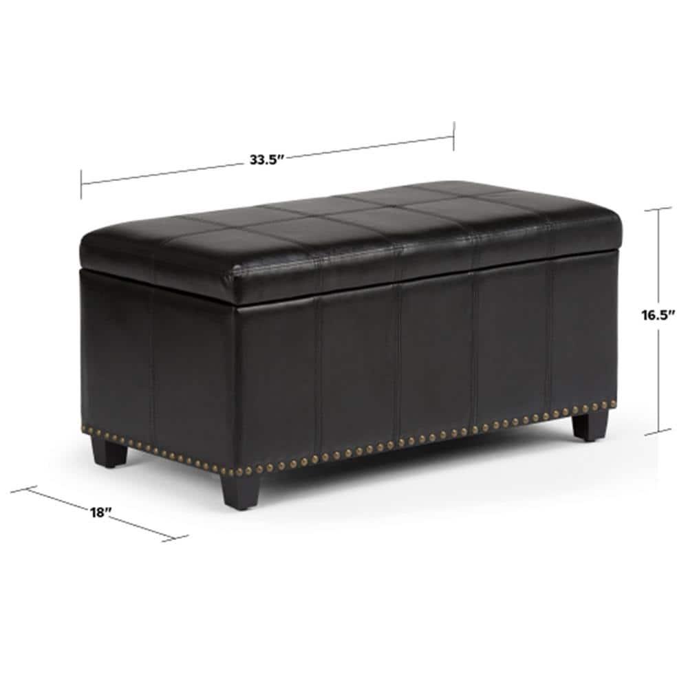 Simpli Home Amelia 34 inch Wide Transitional Rectangle Storage Ottoman Bench in Midnight Black Faux Leather