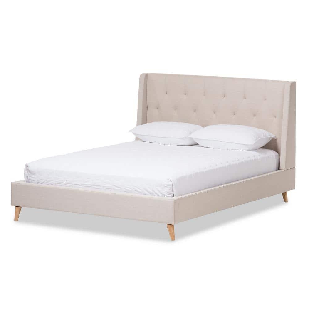 Baxton Studio Queen Adelaide Retro Modern Fabric Upholstered Platform Bed Light Beige: No Box Spring Needed, Polyester Fill