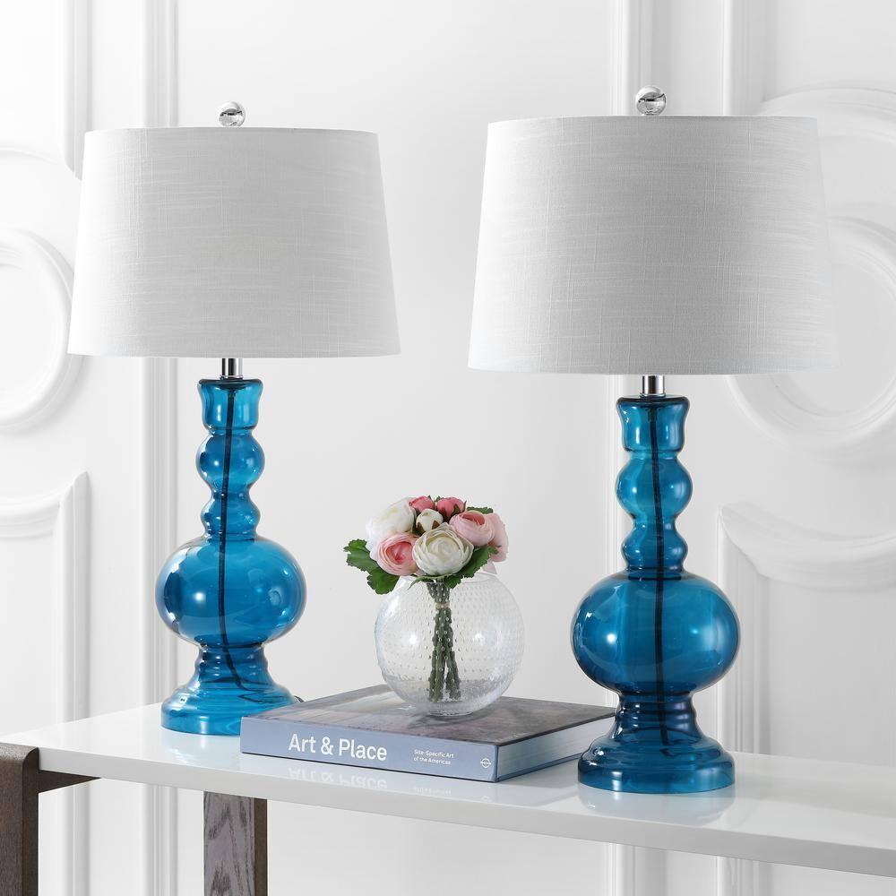JONATHAN Y JYL1061C-SET2 Genie 28.5" Glass LED Table Lamp, Contemporary, Transitional for living room, dinning room, bedroom, office Bulb Included, Night Blue (Set of 2)