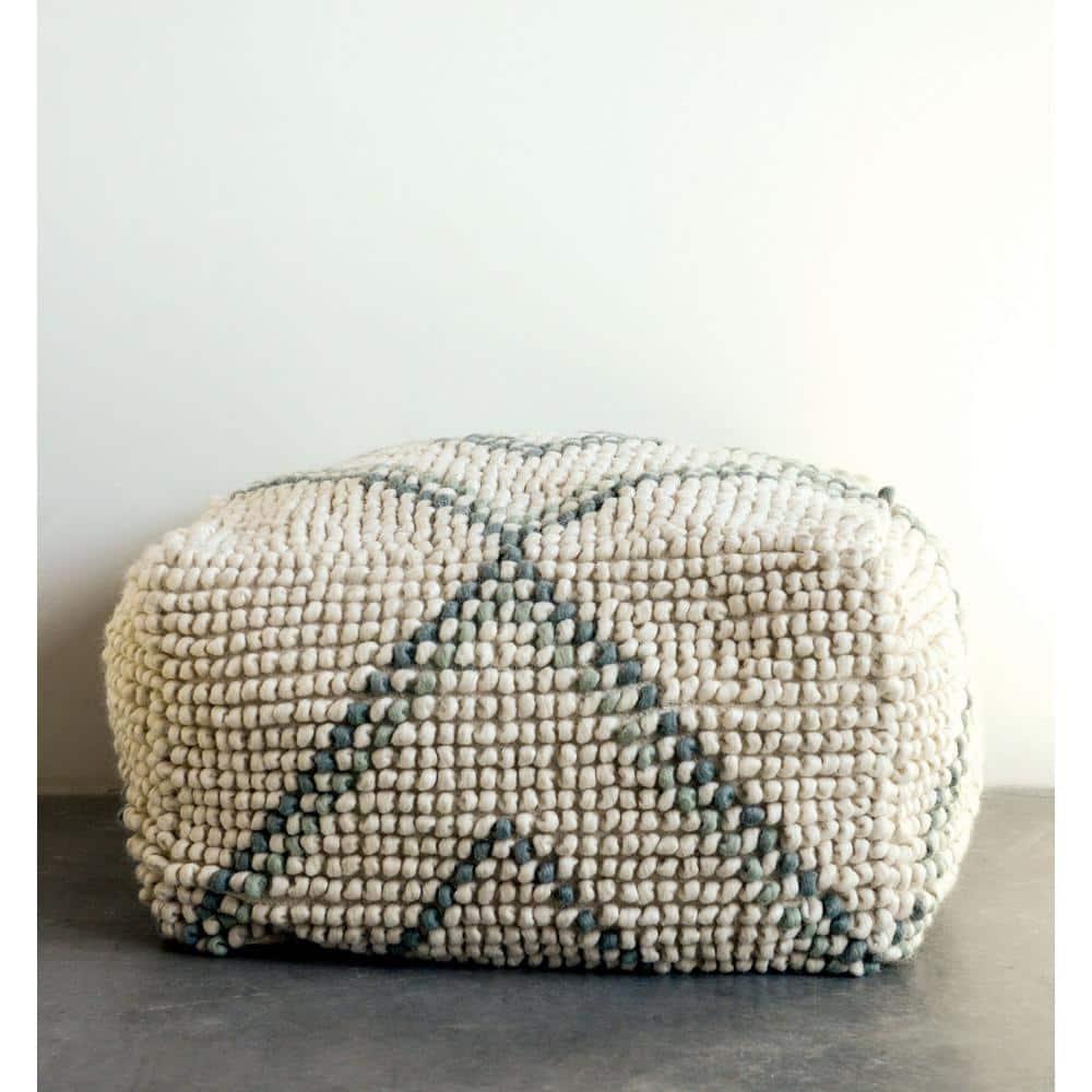 Creative Co-Op Cream New Zealand Pouf with Blue & Green Accents