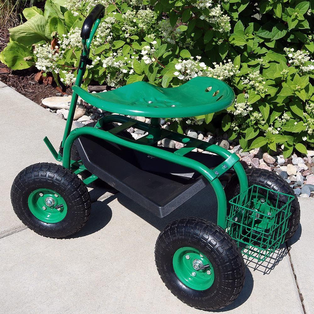 SunnyDaze Decor Steel Extendable Steering Handle Swivel Seat & Basket Garden Carts