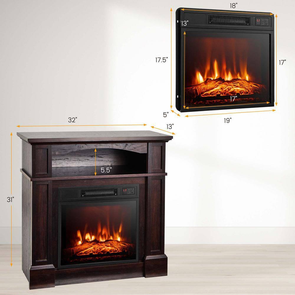 Costway 32" 1400W Electric Fireplace Mantel TV Stand Space Heater W/ Shelf Brown