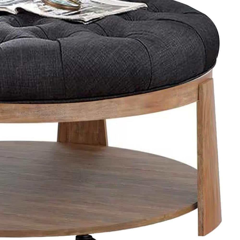 Benjara Gus 41 Inch Ottoman Coffee Table, Button Tufted Gray Fabric, Brown Wood