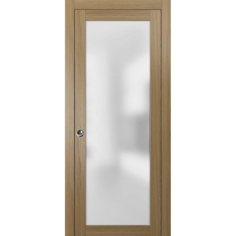 Sliding Pocket Door with Tempered Glass | Planum 2102 | Kit Trims Rail Hardware | Solid Wood Interior Bedroom Bathroom Closet Sturdy Doors -18" x 96"