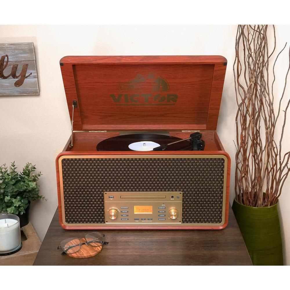 Victor 8-in-1 Wood Music Center with Bluetooth Vinyl Record Player