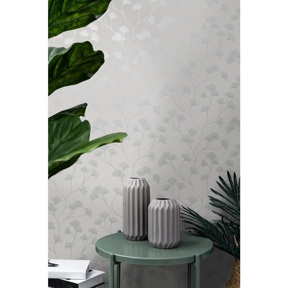 Holden Glistening Ginkgo Silver Wallpaper: Mid-Century Modern Floral Design, Non-Pasted Paper, Smooth Metallic Finish, 56 Sq Ft Coverage