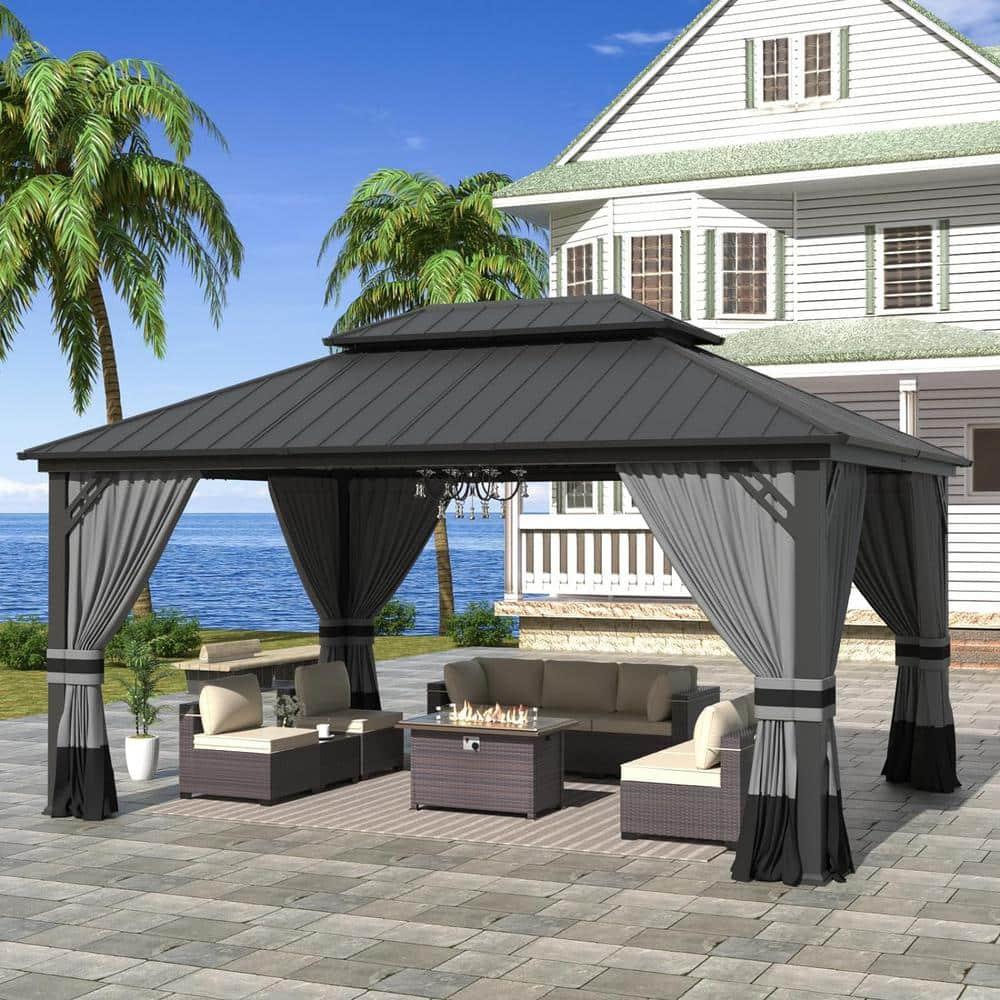 Kozyard Kozyard Alexander Gray Double Roof Hardtop Gazebo with Privacy Curtain Mosquito Netting