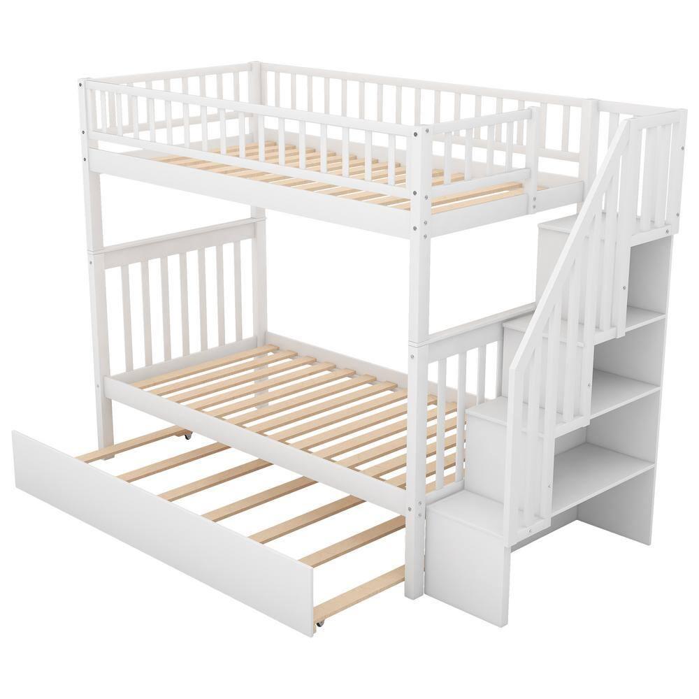 New Twin over Twin Bunk Bed with Trundle and Storage, White