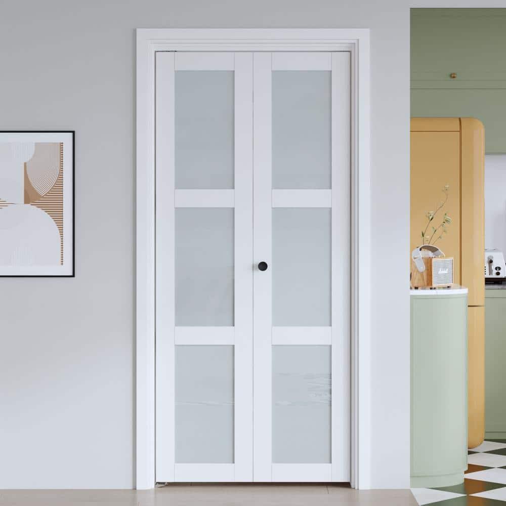 EASELIFE Frosted Glass And Solid Manufactured Wood Bi-Fold Door With Installation Hardware Kit