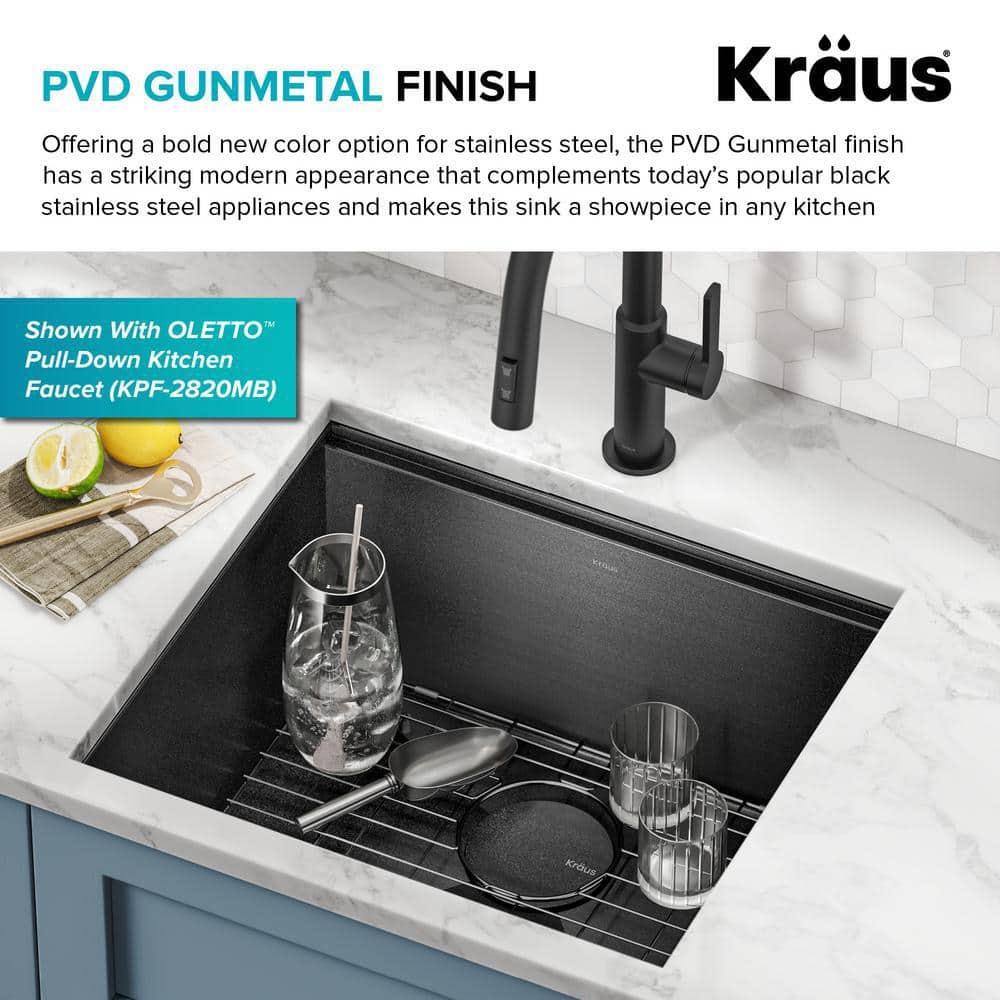 KRAUS Kore 21 Undermount Workstation 16 Gauge Black Stainless Steel Single Bowl Kitchen Sink in PVD Gunmetal Finish with Accessories