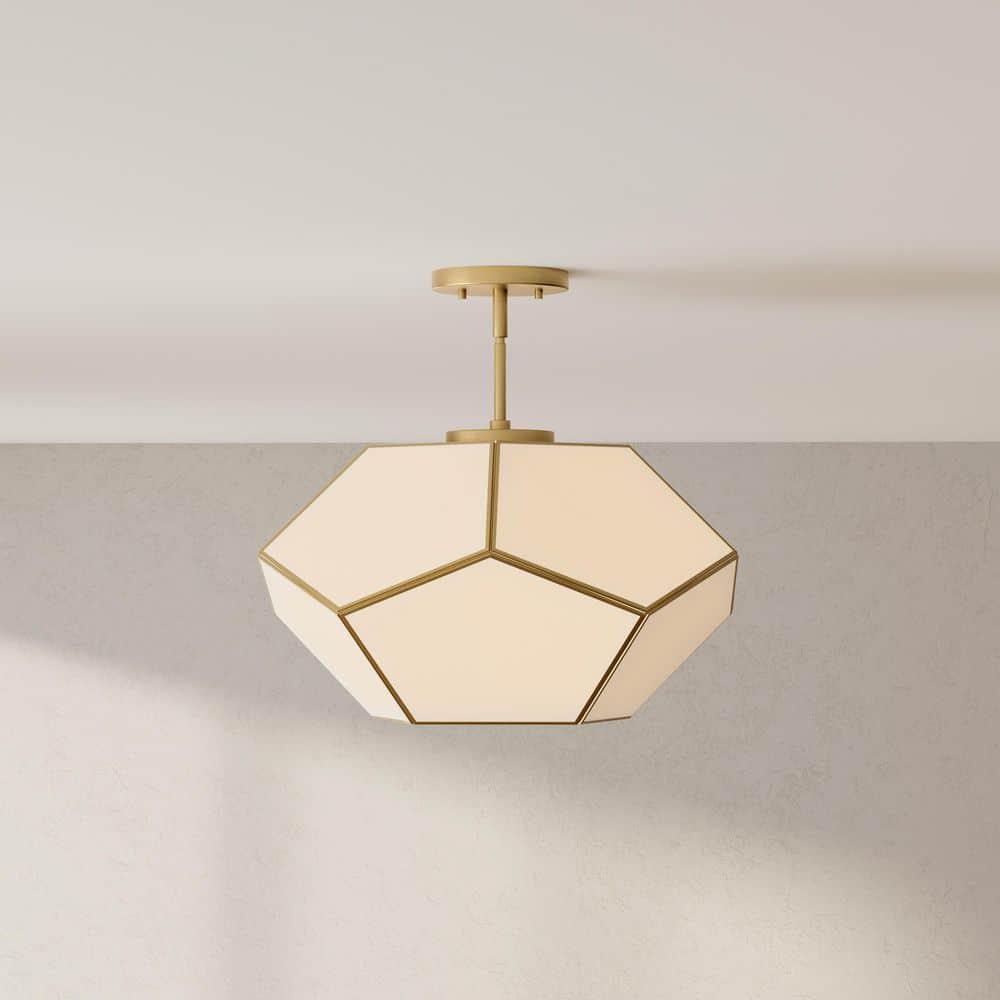 Progress Lighting Latham 3-Light Semi-Flush Mount, Vintage Gold, White Art Glass. Geometric framework with handmade glass.