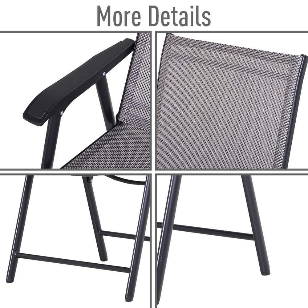 Outsunny Set of 4 Patio Folding Chairs, Stackable Outdoor Sling Chairs with Armrests for Lawn, Camping, Dining, Beach, Metal Frame, Gray