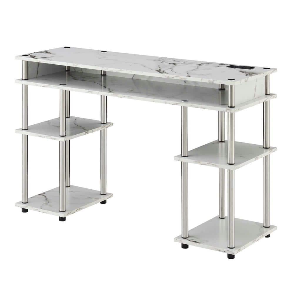Adult, Designs2Go No Tools 30 in. Tall Student Desk w/ Charging Station & Shelves, White Faux Marble