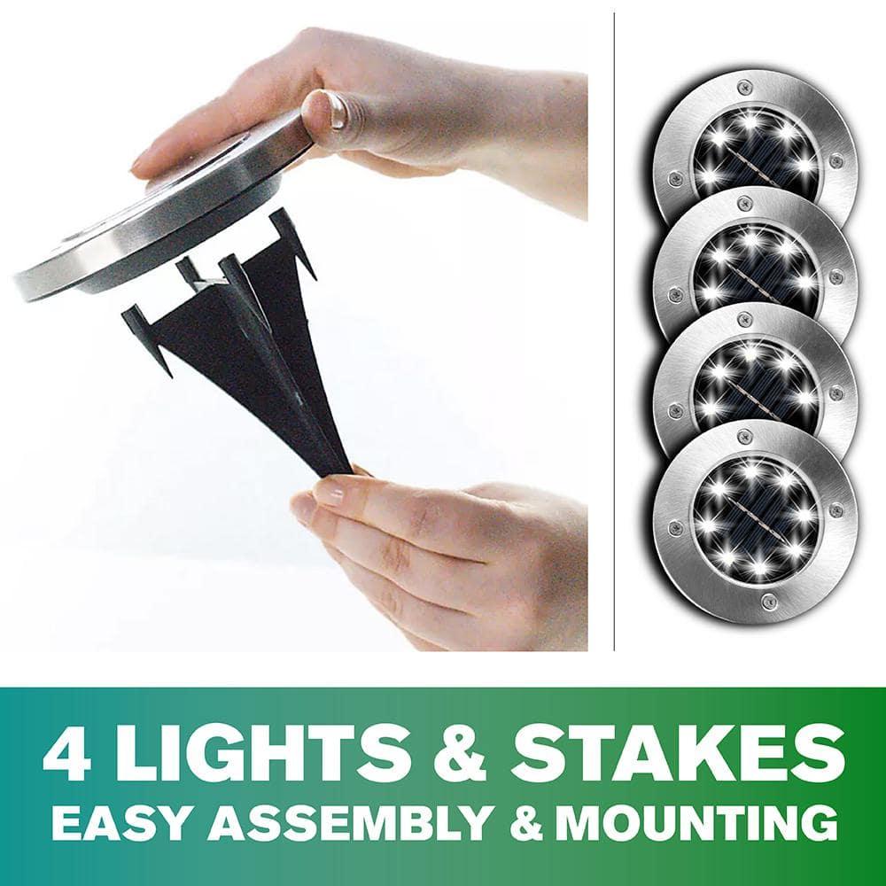 Bell + Howell 8 LED Solar Powered Disk Lights, 4 Pack, Outdoor Pathway Lights, Waterproof, Auto On/Off, Rust Resistant