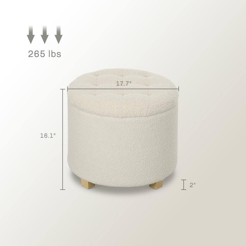 HOMCOM 18" Round Ottoman with Storage, Teddy Fleece Button Tufted Bedroom Stool with Removable Lid and Wood Legs for Living Room, Hallway, White
