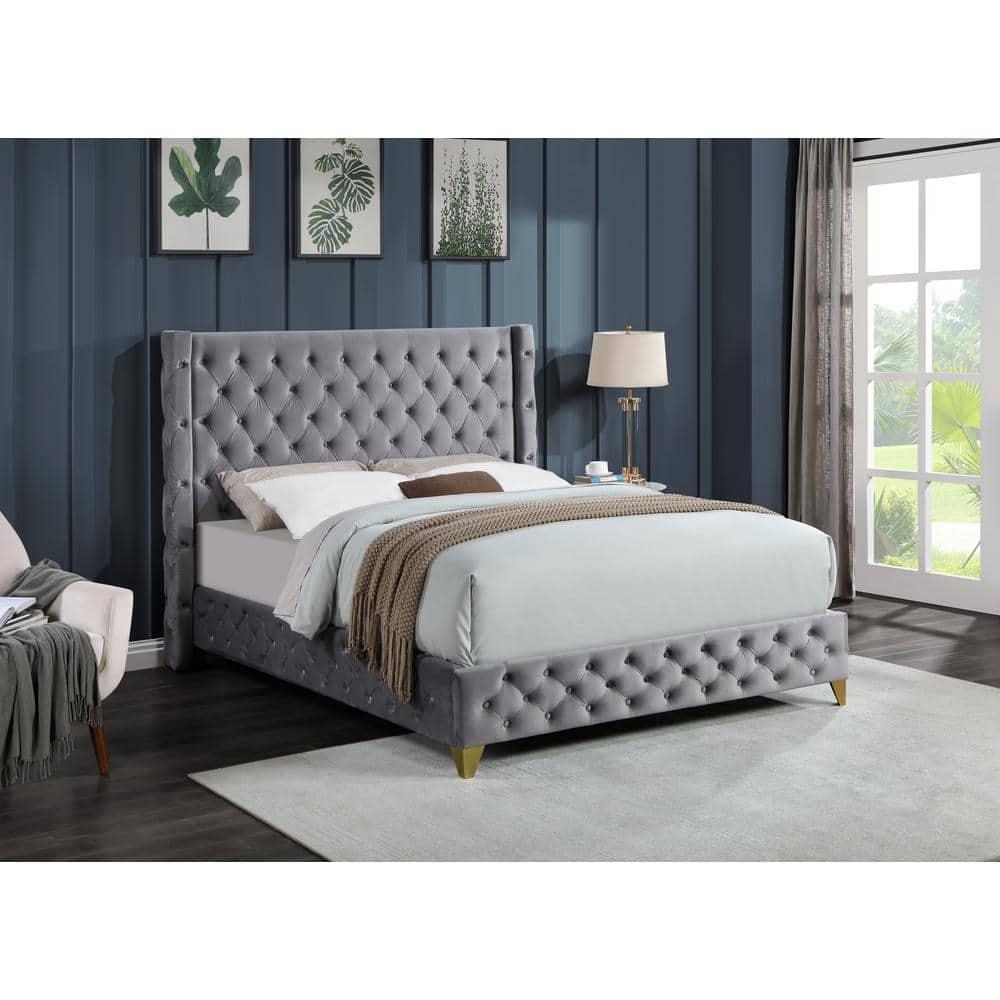 Best Master Wood Frame King Platform Bed with Tufted Velvet Upholstery in Gray
