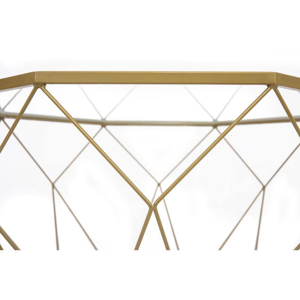 LeisureMod Malibu Modern 29" Wide Octagon Glass Top Coffee Table With Iron Base in Gold