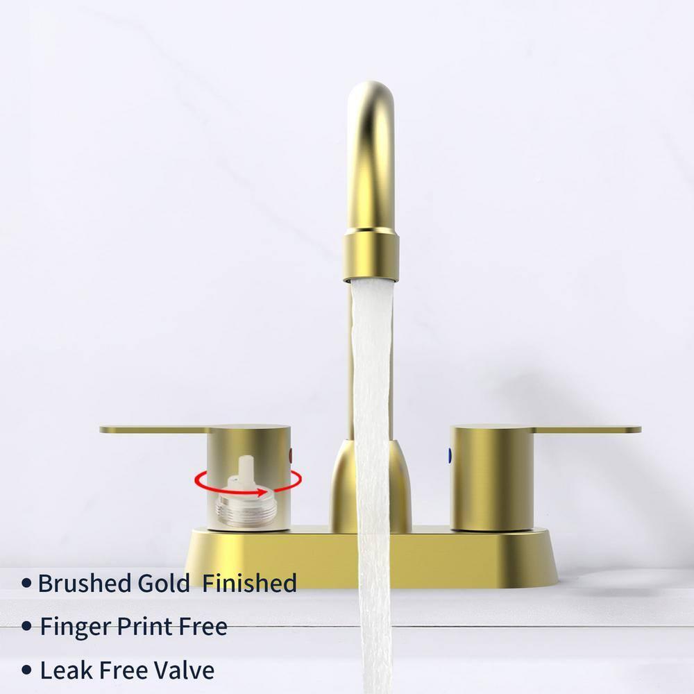 Brushed Gold Bathroom Faucet - 2 Handle, 360 Degree Swivel Spout, Centerset, 4 Inch Vanity, RV & Lavatory Use