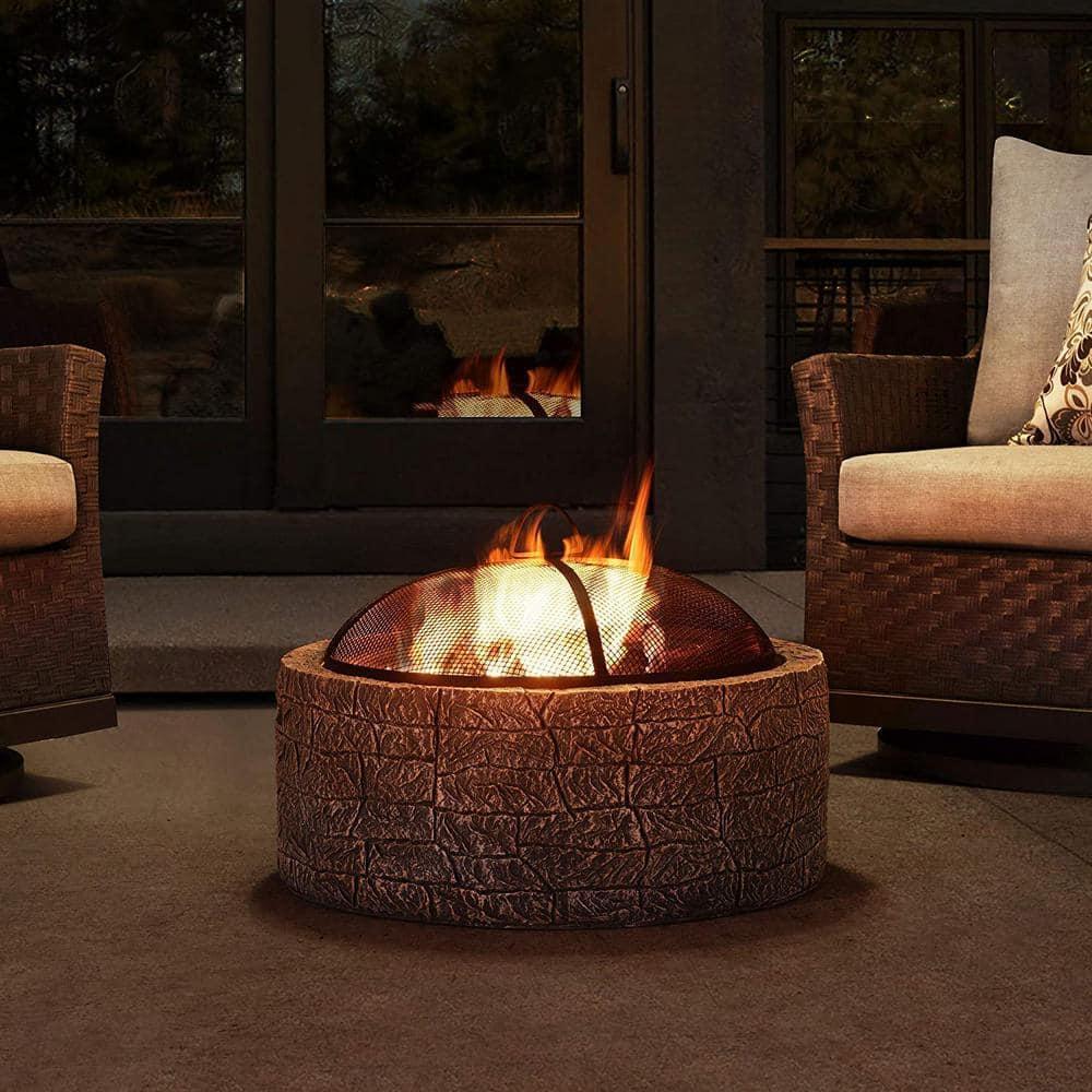 SUNJOY 26 Inch Stone Fire Pit, Patio Outdoor Round Wood Burning Fire Pits for Outside with Spark Screen and Poker, Stone Gray
