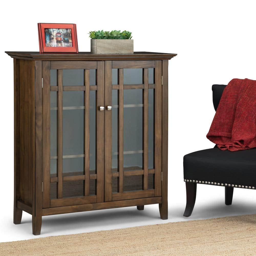 Simpli Home Bedford 39"W Solid Wood 4-Shelf Medium Storage Cabinet with Glass Doors and Adjustable Shelves