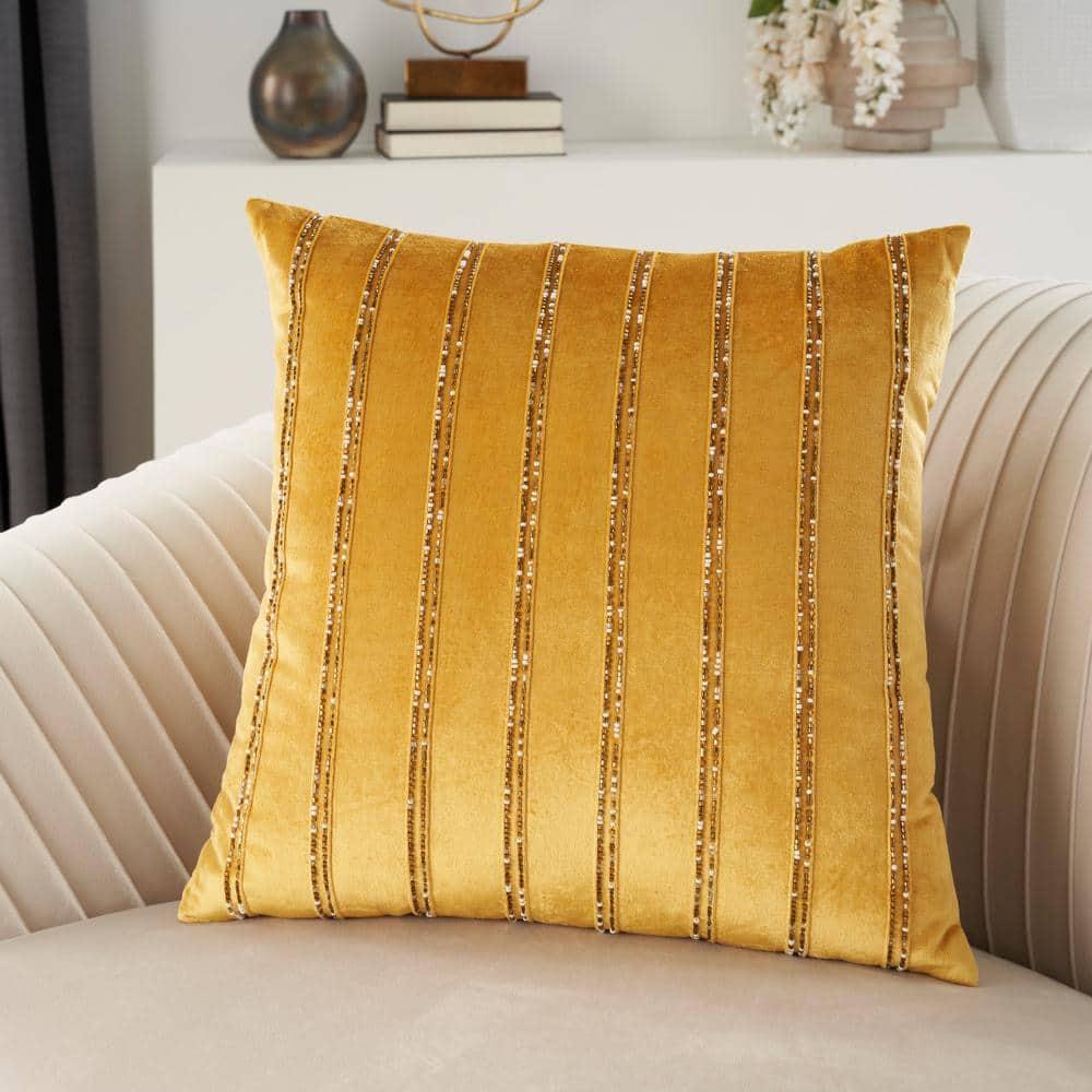 20"x20" Oversize Sofia Beaded Striped Square Throw Pillow Gold - Mina Victory: Velvet Texture, Indoor Elegance, Zippered