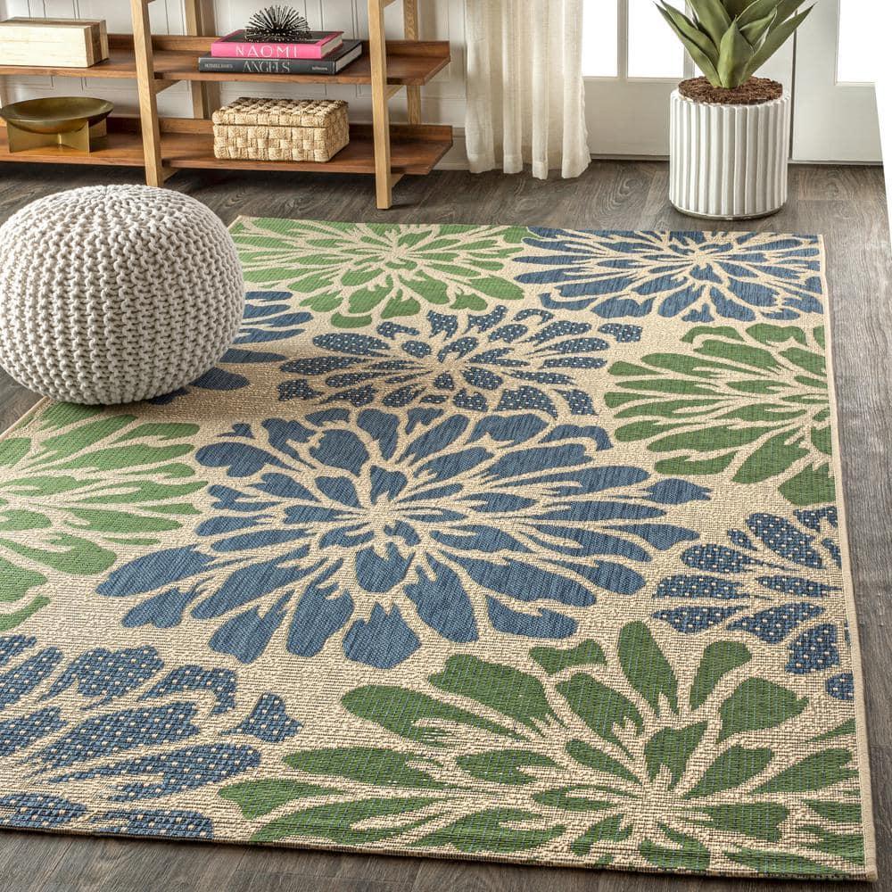 9' X 12' Zinnia Modern Floral Textured Weave Indoor/Outdoor Area Rug, Navy/Green - JONATHAN Y