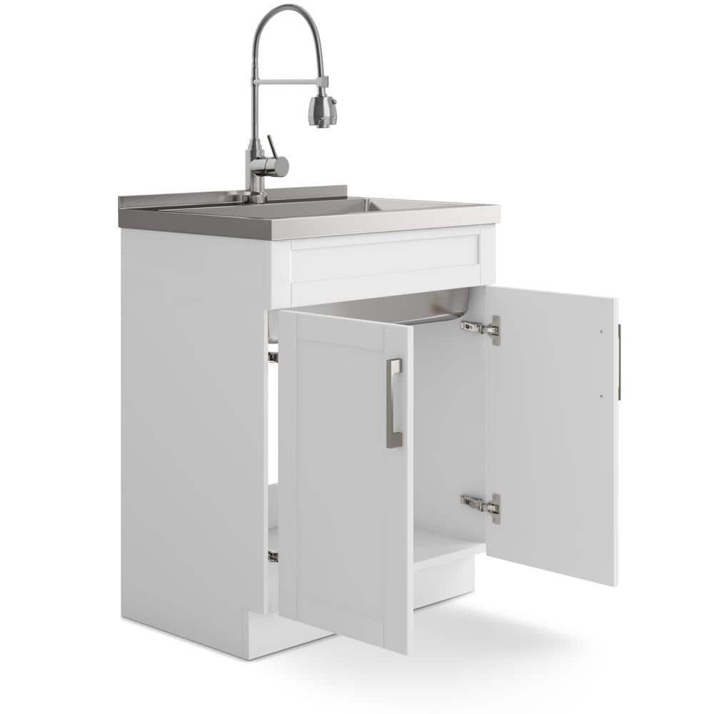 Simpli Home AXCLDYHEN28-SS Hennessy  All-in-One 28-inch Utility Sink & Cabinet in Pure White
