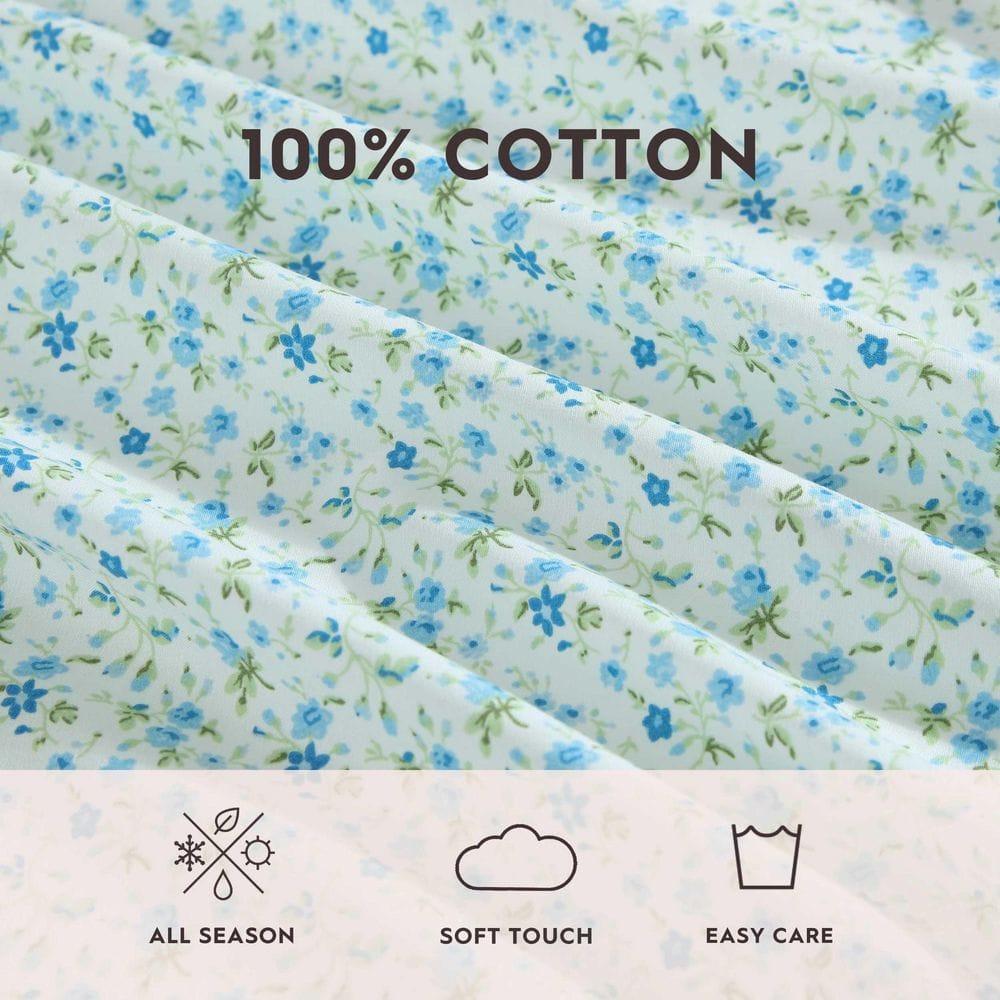 Evie Blue Floral Cotton Twin XL Percale Sheet Set